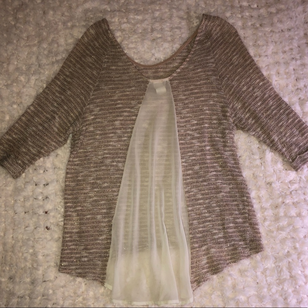 Light Sweater Shirt Gold Metallic Tan SHEER Shirttail Top 3/4 sleeves Size S